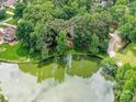 Aerial view of a lake surrounded by dense trees, showcasing the natural beauty of the property at 6017 Lake Providence Ln, Charlotte, NC 28277