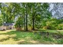 Large, private backyard with mature trees, ample space, and potential for various outdoor activities at 814 Independence Dr, Wingate, NC 28174
