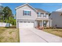 Charming two-story home with gray siding, a two-car garage, well-manicured lawn and freshly landscaped flowerbeds at 112 Tanner Loop, Troutman, NC 28166