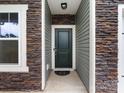 Close-up of a home's front door with stone accents, green siding, and a modern light fixture at 1523 Loropetalum Rd, Charlotte, NC 28215