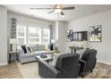 Bright living room showcasing a comfortable gray sofa, stylish decor, and large windows at 5201 Shasta St # 5201, Gastonia, NC 28052