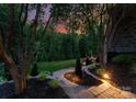 Backyard stone walkway with lighting and trees leading to seating area with fire pit in forest at 1021 Westbury Dr, Matthews, NC 28104