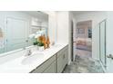 Bright bathroom featuring a double vanity with white countertops and grey cabinets at 1033 20Th Avenue Se Loop, Hickory, NC 28602