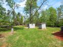 Large backyard featuring lush greenery and two storage sheds, offering ample space for outdoor activities at 105 Strickland Ln, Bessemer City, NC 28016