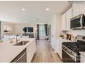 Modern kitchen featuring stainless steel appliances, a large island, and an open view into the living area at 151 Astor St, Troutman, NC 28166