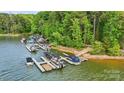 Aerial view of a waterfront property featuring multiple boat docks surrounded by lush greenery at 109 Braxton Gate Ct, Mount Holly, NC 28120