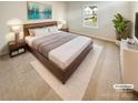 Staged primary bedroom with a large bed, modern decor, and plush rug at 3510 Heathcott Cir, Charlotte, NC 28262