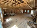 Open-concept interior with wood framing, plywood flooring, and HVAC materials staged within at 28770 Hwy 73 Hwy, Albemarle, NC 28001