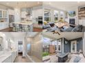 This collage showcases a kitchen, living room, bathroom, and covered patio at 13714 Jacks Ln, Pineville, NC 28134
