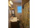 Cozy bathroom with a single vanity, window, and patterned shower curtain at 515 Benton St, Monroe, NC 28110