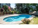 Inviting swimming pool with concrete surround and a rock fire pit, perfect for outdoor entertaining at 12601 Guardhouse Ct, Charlotte, NC 28262