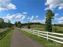 Scenic driveway with white fencing, trees, and a distant view of a house, set under a bright, cloudy sky at 2530 Sharon Rd, York, SC