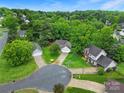 An aerial shot of a property with mature trees in a suburban neighborhood, featuring green lawns and a two-car garage at 5009 Ravens Ct, Matthews, NC 28104