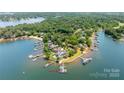 Wide aerial view of waterfront real estate, featuring docks and a private beach at 19523 Sunnypoint Ct, Cornelius, NC 28031