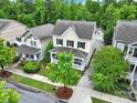 Aerial shot of a two-story home with a detached garage, surrounded by lush greenery and well-manicured lawns at 3426 Richards Xing, Fort Mill, SC 29708