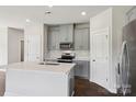 Modern kitchen with gray cabinets, stainless steel appliances, subway tile backsplash, and a white island at 1712 Braemar Village Dr, Monroe, NC 28110