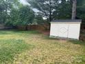 Spacious backyard featuring a storage shed and a newly installed wooden privacy fence. Perfect for outdoor activities and relaxation at 9207 Branson Ct, Charlotte, NC 28210