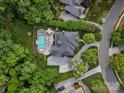Beautiful aerial view highlighting mature trees, sparkling pool, private backyard, and lush landscape at 13029 Whisper Creek Dr, Charlotte, NC 28277
