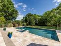 Backyard showcasing the swimming pool and spa, surrounded by a stone patio and well-maintained lawn with privacy landscaping at 5822 Alexa Rd, Charlotte, NC 28277