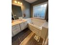 Well-lit bathroom showcasing a large soaking tub and sleek vanity at 334 River Birch Cir, Mooresville, NC 28115