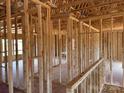 Interior framing of a home showcasing the stud walls and roof trusses that give a sense of construction at 1102 Sugar Creek Rd, Indian Land, SC 29707