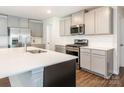 Modern kitchen featuring stainless steel appliances, light grey cabinets, and a center island at 11019 Daisy Ct, Charlotte, NC 28262