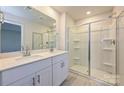Modern bathroom featuring double sinks, a large mirror and a glass-enclosed shower at 4209 Summit Woods Dr, Charlotte, NC 28216