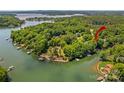 Aerial view of a lakefront home surrounded by lush greenery, offering serene waterfront living at 141 Ridge Top Rd, Mooresville, NC 28117