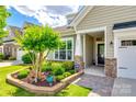 Landscaped front yard with healthy green bushes, brick edging, and a stone-accented front entrance at 5025 Kinross Ln, Indian Land, SC 29707