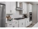 Close up of a modern kitchen with white cabinets, stainless steel appliances, and stylish backsplash at 1634 Dresden Dr, Rock Hill, SC 29732
