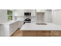 Modern kitchen features white cabinets, stainless steel appliances and a spacious kitchen island at 4042 Uppergate Ln, Charlotte, NC 28215