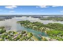 Stunning aerial view of a lakefront community with lush greenery and private boat docks on a clear, sunny day at 17916 Ragtop Day Ln, Cornelius, NC 28031