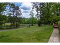 Expansive grassy backyard featuring mature trees and a tranquil pond view, creating a serene outdoor setting at 5100 Crestland Ave, Charlotte, NC 28269