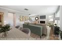 Open-concept living room boasts hardwood floors, stylish furniture, a fireplace, and seamless transition to other spaces at 9858 Quercus Ln, Huntersville, NC 28078