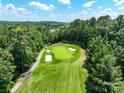 Scenic aerial of the golf course showing the green and sand traps at 15429 Topanga Dr, Charlotte, NC 28278