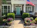 Beautiful front yard with a walkway leading to a turquoise front door, enhanced by vibrant flowers and an American flag at 2007 Bishops Ct, Cornelius, NC 28031