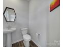 Well-lit powder room with a pedestal sink, modern toilet, and stylish decor at 5034 Moss Pine Way, Tega Cay, SC 29708