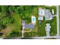 Bird's eye view of property showcasing backyard swimming pool, trampoline, and wooded surroundings at 2968 Grace St, Claremont, NC 28610