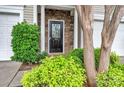 Inviting front door with stone accents, lush landscaping, and decorative columns create a warm and welcoming entrance at 1915 Travertine Ln, Fort Mill, SC 29708