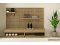 Sleek home gym featuring slat wall, modern storage bench, and fitness equipment for a balanced workout space at 3882 Horsham St, Indian Land, SC 29707