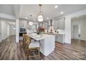 Bright kitchen featuring gray cabinets, a large central island with seating, and modern pendant lighting at 13222 Fiore Pl, Huntersville, NC 28078