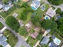 Aerial view of residential neighborhood showcasing manicured lawns and private backyard pools on a bright, sunny day at 557 Melbourne Ct, Charlotte, NC 28209