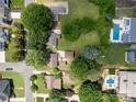 A lovely aerial view of a residential area with mature trees and houses that have backyard pools at 557 Melbourne Ct, Charlotte, NC 28209