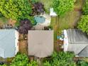 Aerial view of the home showing the layout of the property, neighboring homes, pool, patio, and yard at 1225 Madison Green Dr, Fort Mill, SC 29715