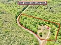 An aerial view outlines approximate lot lines, showcasing a cabin nestled in a wooded area at 362 Sandburg Rd, Union Grove, NC 28689