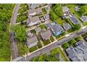 An aerial view showcasing the property, neighboring houses and mature trees at 376 Delburg St, Davidson, NC 28036