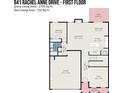 Layout showcasing the first floor of the home, including kitchen, living, dining, bedroom, and garage spaces at 941 Rachel Anne Dr, Belmont, NC 28012