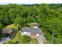 Aerial view of a home with a spacious backyard, detached garage, and surrounded by lush trees at 1822 N New Hope Rd, Gastonia, NC 28054