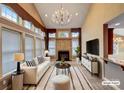 Inviting living room with vaulted ceilings, large windows, fireplace, and modern decor at 1000 Sarandon Dr, Matthews, NC 28104