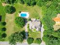 Expansive aerial view showcases the home, pool, and surrounding mature trees at 1508 Avalon Oaks Ct, Dallas, NC 28034